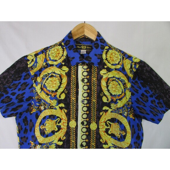 Phat Farm Shirt Mens Small Blue Black Baroque Leopard Short Sleeve Button Front - Picture 2 of 11